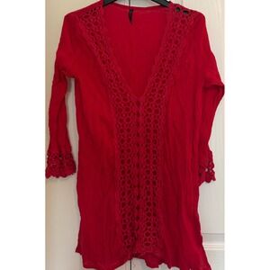 Raviya Red Crinkle Gauze Crochet Lace V-Neck Beach Cover Up Tunic Small